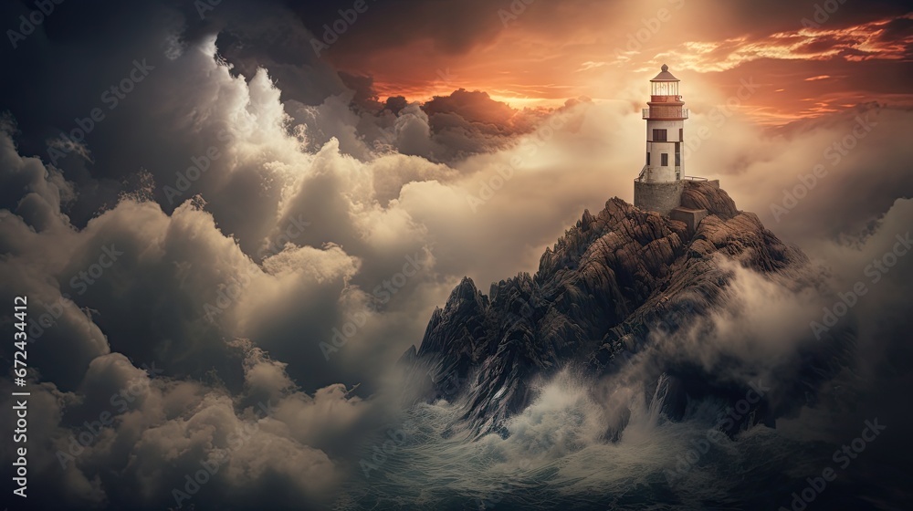  a lighthouse sitting on top of a mountain in the middle of a sea of clouds with a sunset in the background.  generative ai