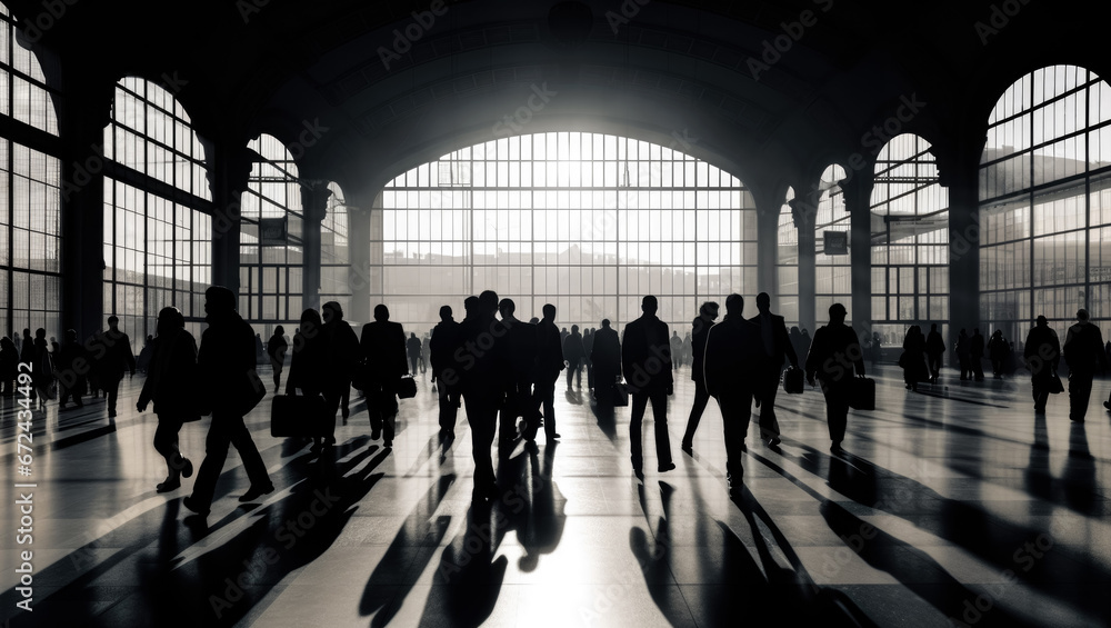 Crowd of people moving at large hall or station, only dark unrecognizable silhouettes visible against sunlight. Generative AI
