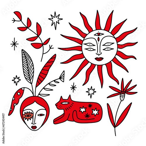 Collection of funny cartoon characters and elements, magic witchy trippy esoteric doodles, plant wizard symbols set. Hand drawn fairy tale vector elements.