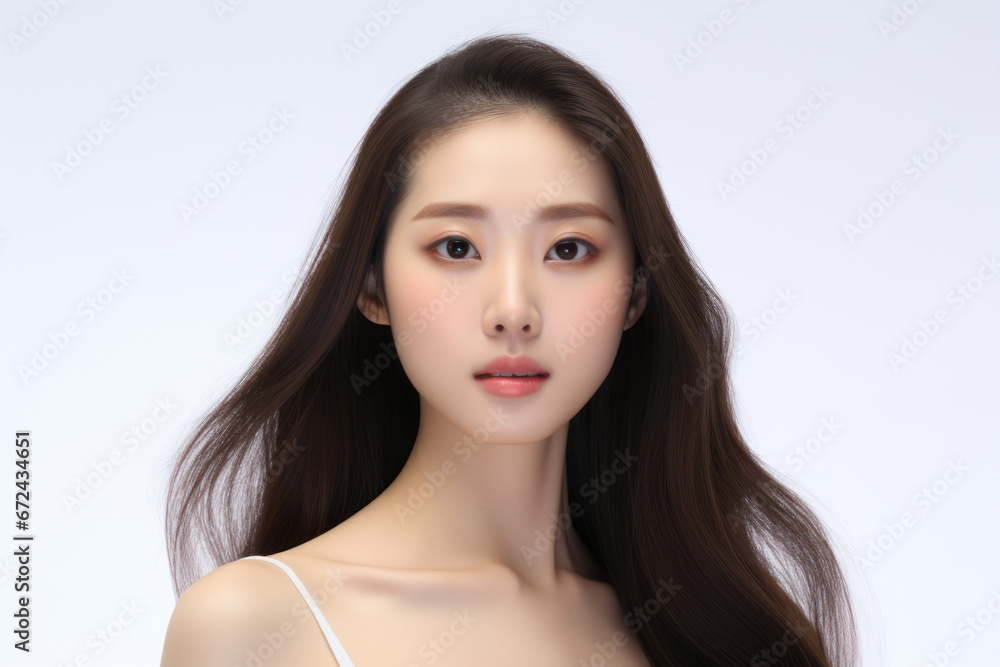 Fototapeta premium Young Asian beauty woman model with long dark hair in white tank top with pastel Korean makeup and perfect skin, on white background. For advertising, brochure, banner, poster. Self care concept