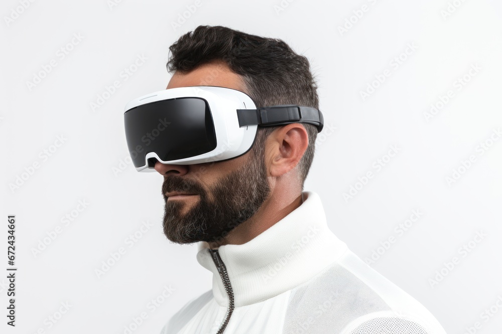Caucasian brunette man with beard in virtual reality glasses on white background. Banner template of man in VR goggles. Concept of technology, game, entertainment, artificial intelligence. Caucasian brunette man with beard in virtual reality glasses on white background. Banner template of man in VR goggles. Concept of technology, game, entertainment, artificial intelligence.