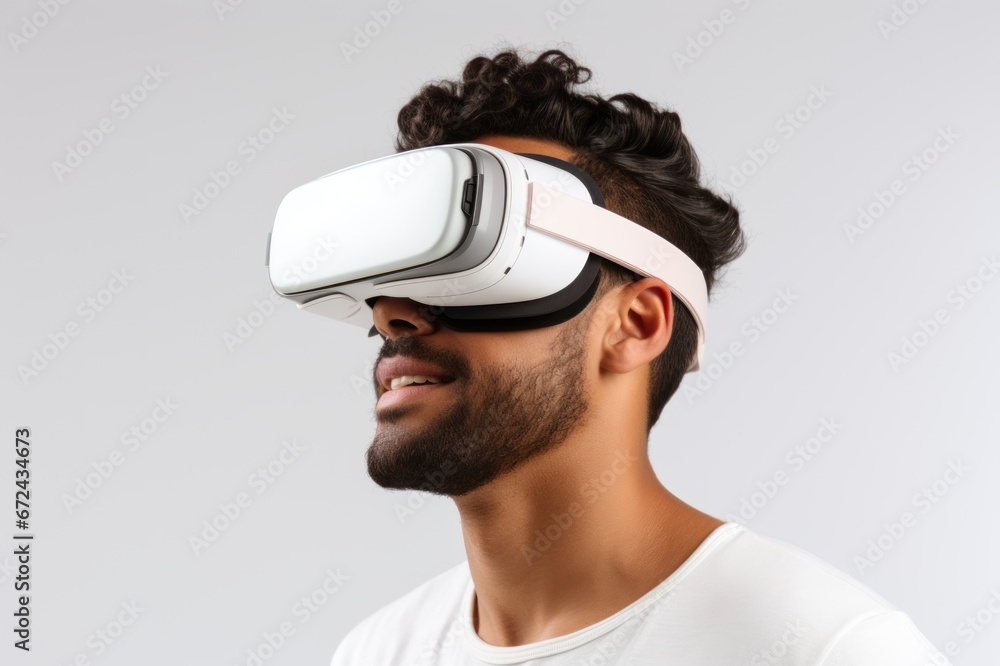 Caucasian brunette man in virtual reality glasses on white background. Close up. Banner template of man in VR goggles. Concept of technology, game, entertainment, artificial intelligence. Caucasian brunette man in virtual reality glasses on white background. Close up. Banner template of man in VR goggles. Concept of technology, game, entertainment, artificial intelligence.