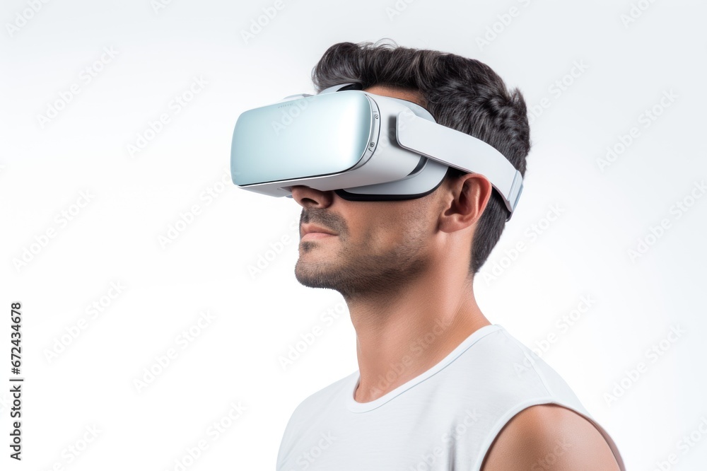Caucasian brunette man in virtual reality glasses on white background. Copy space. Banner template of man in VR goggles. Concept of technology, game, entertainment, artificial intelligence. Caucasian brunette man in virtual reality glasses on white background. Copy space. Banner template of man in VR goggles. Concept of technology, game, entertainment, artificial intelligence.