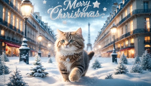 Photo of a lovely cute cat strolling through the snow in front of a Parisian scenery with festive decorations, 'Merry Christmas' written in the sky with silver metallic particle style photo