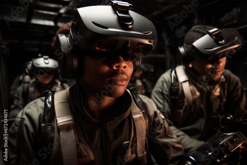 Group of special squad people in special equipment, virtual reality glasses, and headphones in action perform a special task. Concept of using virtual reality glasses for complex tasks and techniques