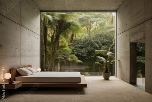 Minimalist Serenity: Concrete Bedroom with Tropical Garden