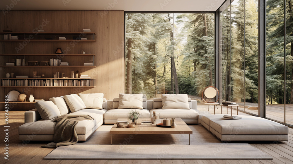 Beautiful minimalistic living room with big windows and natural light