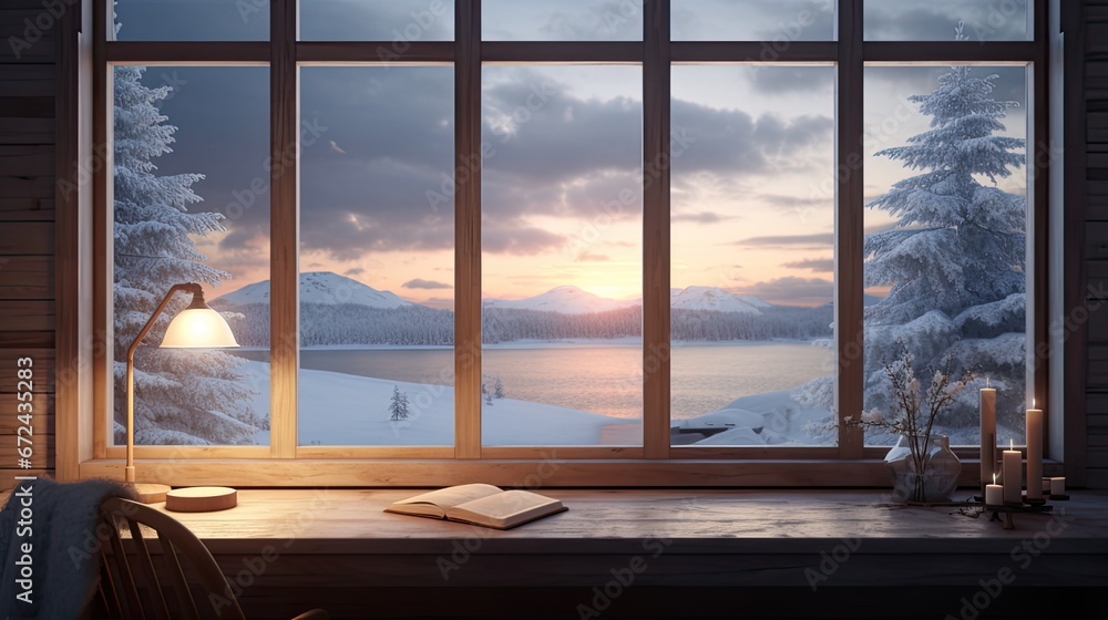 Fototapeta premium realistic snowy landscape seen from a window, window frame and surrounding elements visible inside the frame.