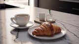 the plate with croissants and the vase with flowers near a window , diffused lighting that enhances the appeal of the healthy breakfast.