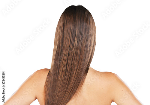 Back of woman, beauty and straight hair, care and health isolated on a transparent png background. .Natural hairstyle, rear view and cosmetics in salon treatment, hairdresser or keratin for wellness