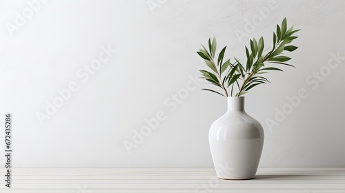 simple composition, the focus is on green branches and a white vase, minimalist interior.