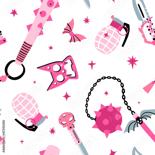 Seamless pattern set of different weapons: a mace, a bat with spikes, morgenstern, brass knuckles, a knife with a cranial handle, a grenade. Theme Halloween in pink with a girls weapon