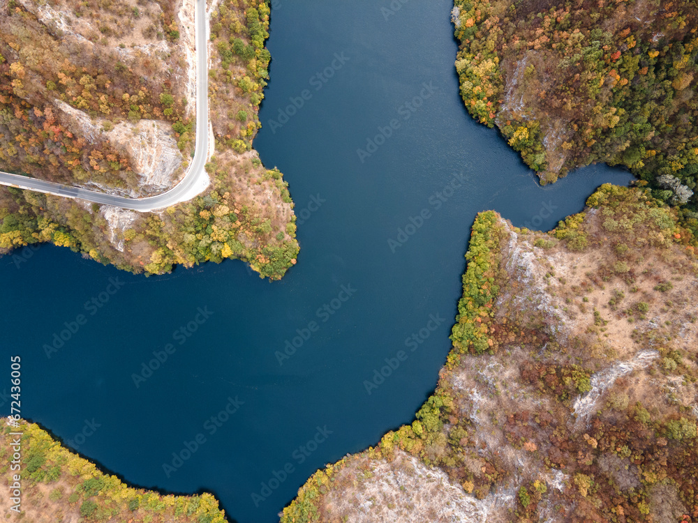 Fototapeta premium Aerial Autumn view of Krichim Reservoir, Bulgaria