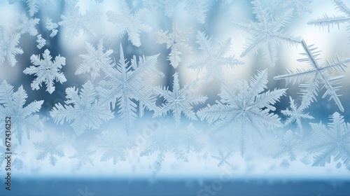  a close up of a frosted window with trees in the background and snow flakes in the foreground. generative ai