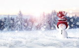 Merry Christmas and happy New Year greeting card with copy-space. Happy snowman, standing in Christmas landscape. Snow background. Winter fairytale.