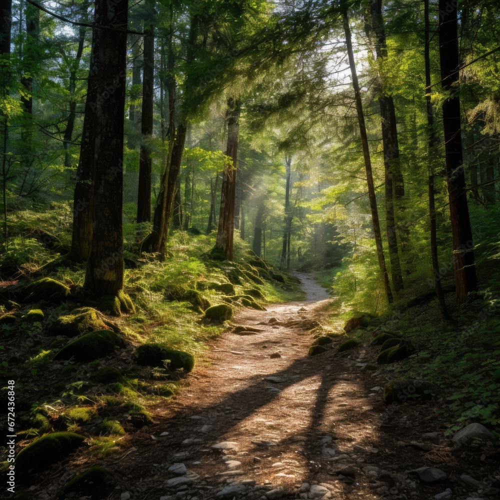 Fototapeta premium Tranquil Trail Through Autumn Forest: Nature's Beauty in Green Environment