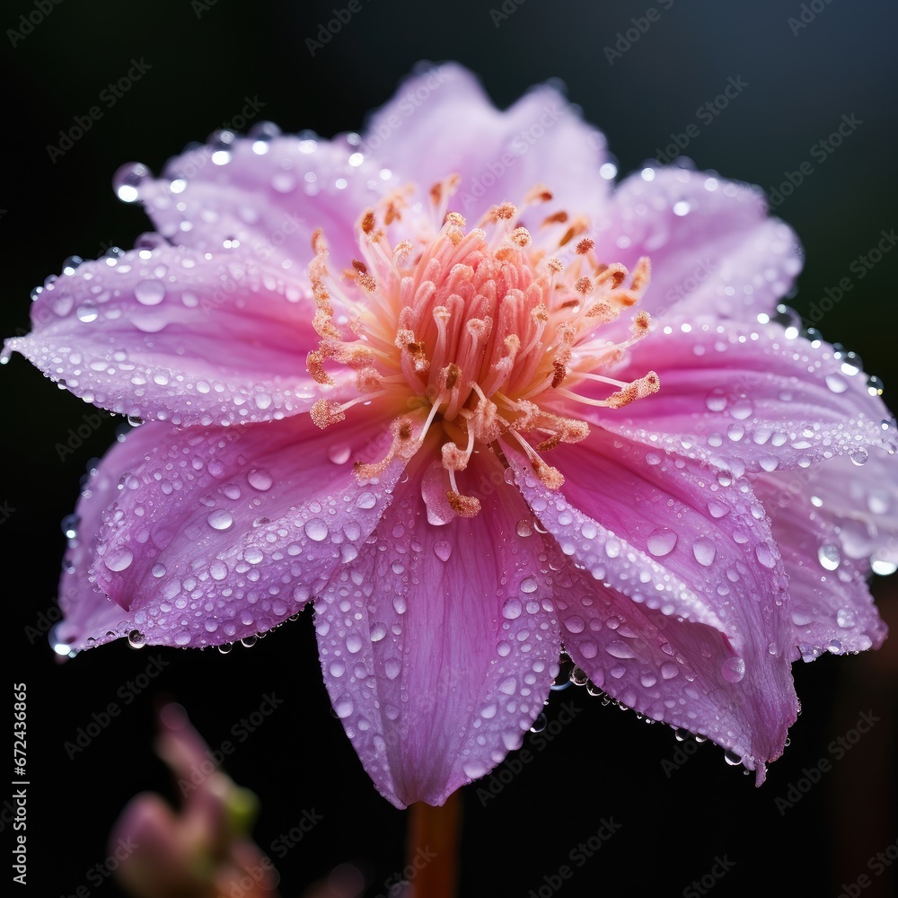 Blossom in Nature: Delicate Pink Flower in Close-up with Glistening Water Droplets Blossom in Nature: Delicate Pink Flower in Close-up with Glistening Water Droplets