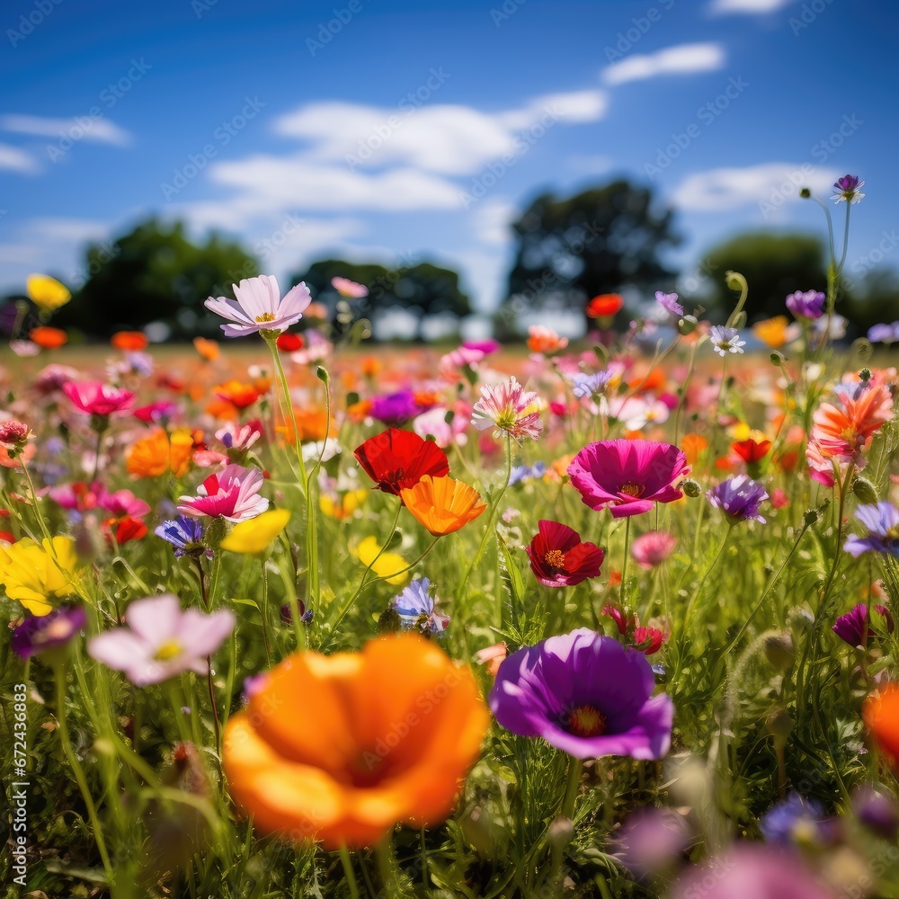 Obraz premium Summer Meadow Blooming with Colorful Wildflowers and Blue Sky