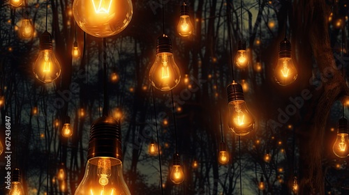  a group of light bulbs hanging from a tree in a forest with lots of light bulbs hanging from the branches. generative ai