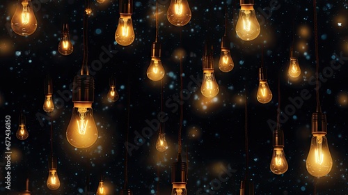  a group of light bulbs hanging from a ceiling in the dark with snow flakes on the wall behind them. generative ai