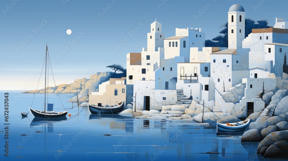 Naklejka premium mediterranean village, the whitewashed houses with blue doors and windows, fisherboats, copy space, 16:9