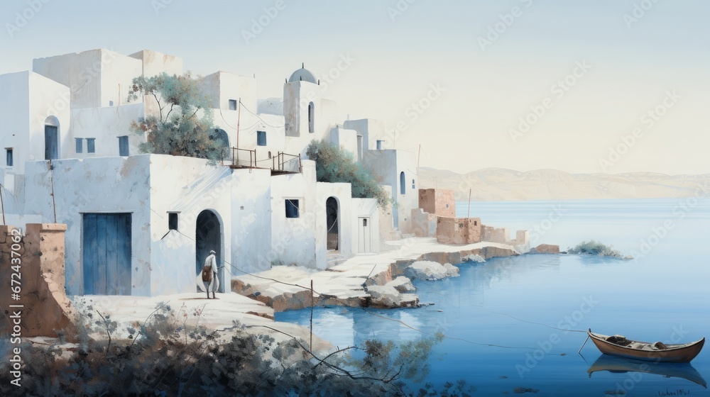 Fototapeta premium mediterranean village, the whitewashed houses with blue doors and windows, fisherboats, copy space, 16:9