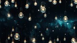  a group of light bulbs hanging from a ceiling in a dark room filled with stars and light bulbs hanging from the ceiling.  generative ai