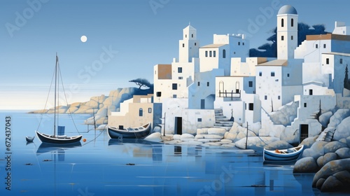mediterranean village, the whitewashed houses with blue doors and windows, fisherboats, copy space, 16:9 photo