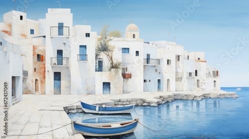 mediterranean village, the whitewashed houses with blue doors and windows, fisherboats, copy space, 16:9 © Christian