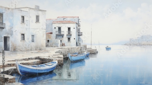 mediterranean village, the whitewashed houses with blue doors and windows, fisherboats, copy space, 16:9