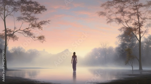 serene scene at dawn with soft, diffused light, featuring a woman enveloped in the gentle morning mist, copy space, 16:9