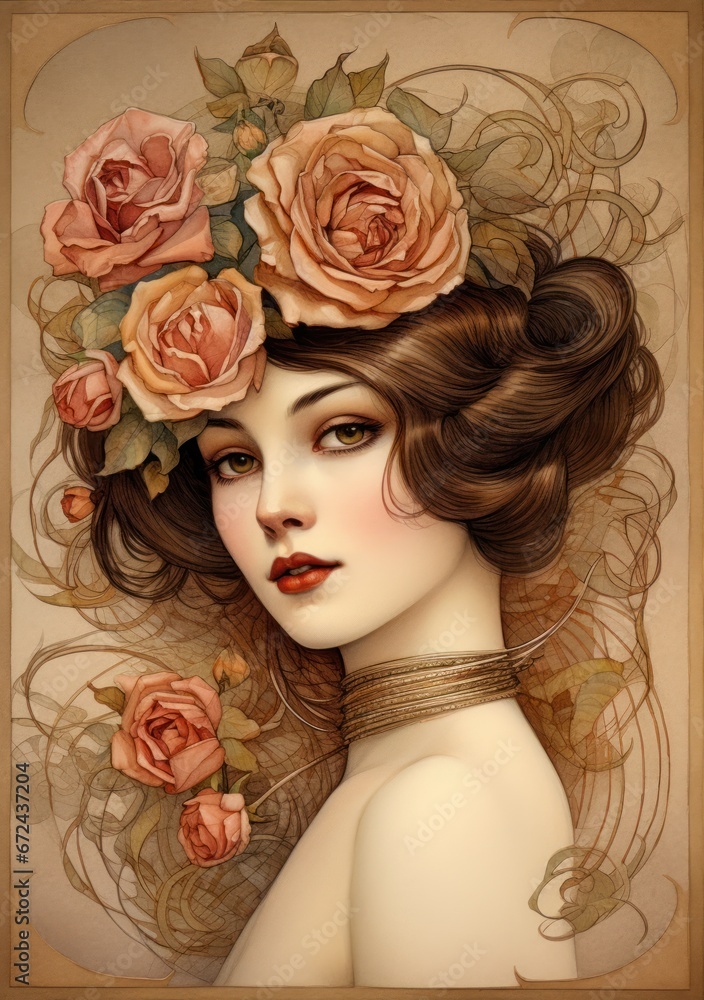 Vintage portrait of attractive woman wearing hat with flowers