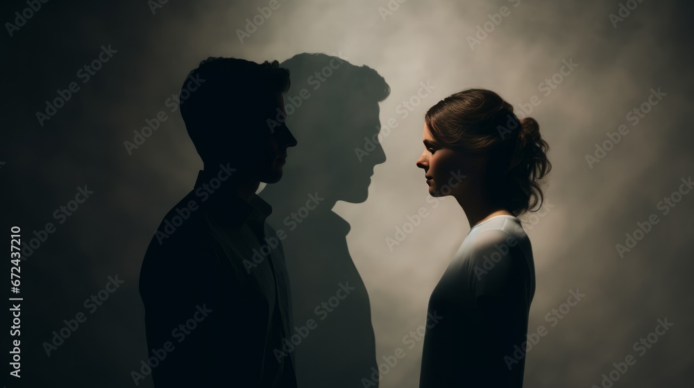picture of a man and a woman standing next to each other, negative space art, copy space, 16:9