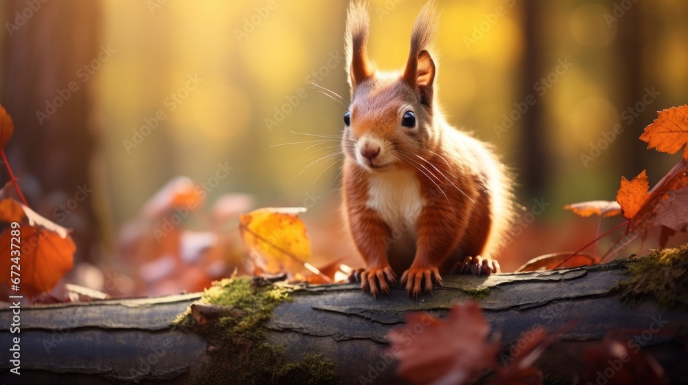 cute squirrel , in an autumn forest, smooth soft lines, copy space, 16:9 cute squirrel , in an autumn forest, smooth soft lines, copy space, 16:9