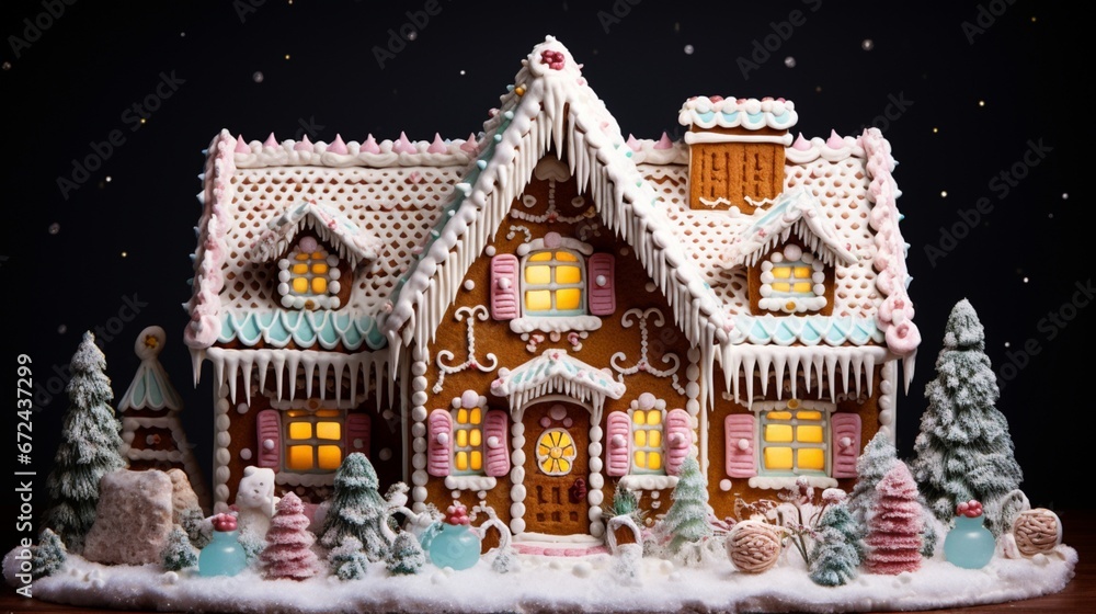 A charming gingerbread house with candy decorations and snowy icing details.