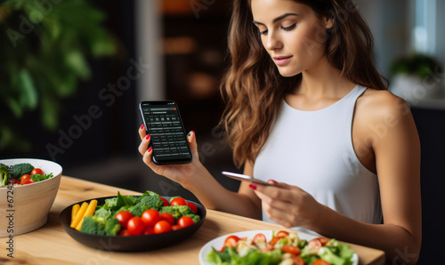 Young Woman Using Calorie Counter App While Enjoying Vegetable Salad
