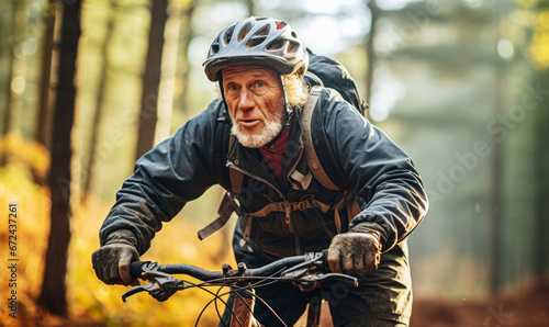 Outdoor Serenity: Elderly Man Biking in the Forest