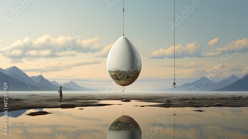  a man standing in the middle of a body of water with a giant egg hanging from it's side. generative ai