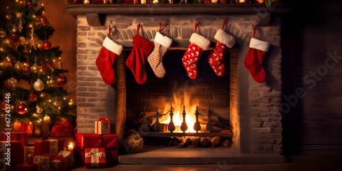 Fireplace with Christmas decorations, presents and socking socks, cozy home interior  © TatjanaMeininger