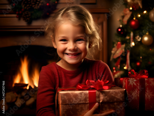 Portrait of a cute smiling girl opening Christmas presents, blurred background with lights 
