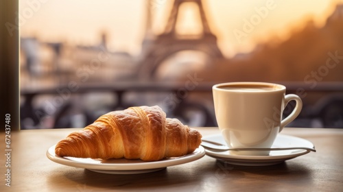 parisian cafe, a close up of a coffee cup with a croissant on a plate beside it, copy space, 16:9