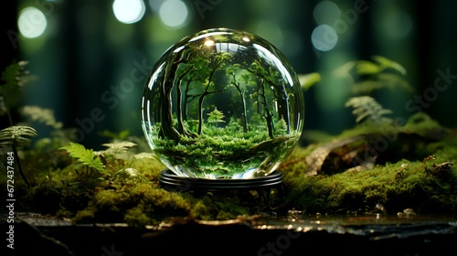 A glass ball sitting on top of a moss covered