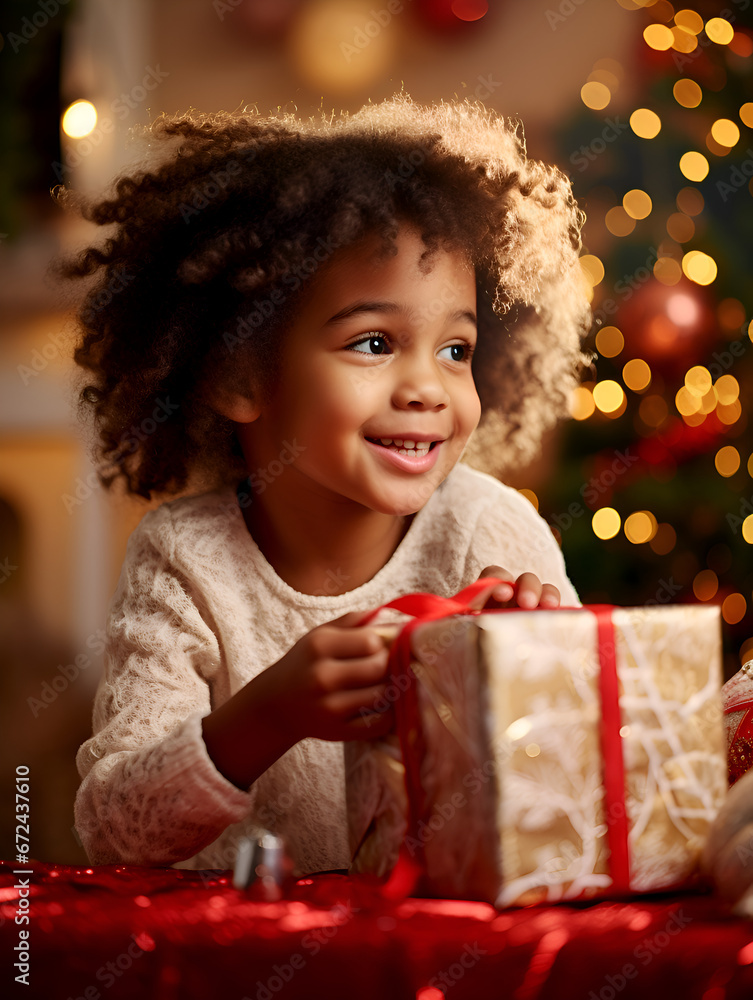 Cute little Afroamerican boy unwrapping Christmas gift, blurred background with lights