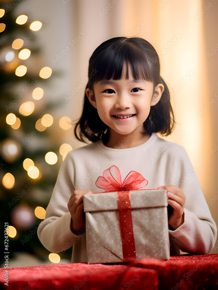 Cute little asian girl holding Christmas present at home, blurred background with lights Cute little asian girl holding Christmas present at home, blurred background with lights