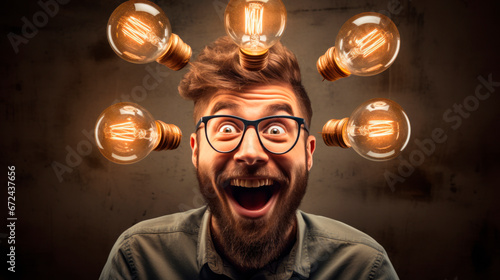 Excited man in shirt and glasses, mouth wide open and eyebrows raised, having fantastic idea, causes five light bulbs to light up above head photo