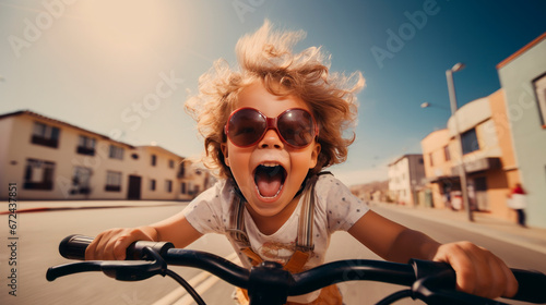 Portrait little cute adorable blonde girl in cool glasses enjoy having fun riding exercise bike in city street road yard, child first bike photo