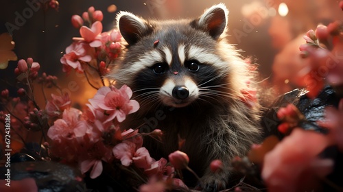 Art illustration of cute raccoon in flower photo