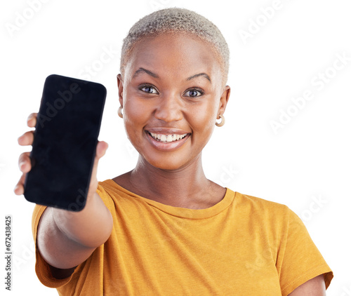 Black woman, portrait and phone screen for advertising or marketing isolated on a transparent PNG background. Face of African female person smile showing mobile smartphone display, information or app
