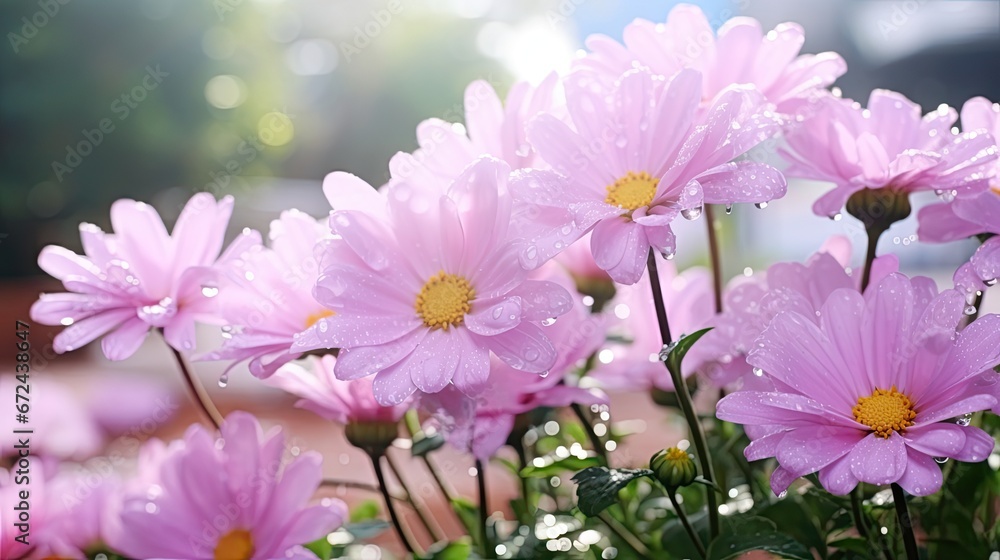  a bunch of pink daisies with water droplets on them, in a garden setting with sunlight shining in the background.  generative ai
