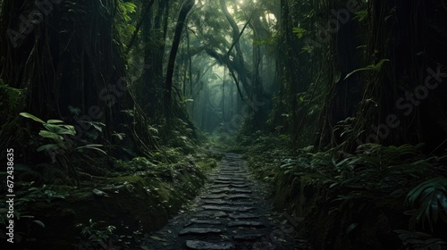  a path in the middle of a forest with lots of trees and plants on either side of the path is a stone path. generative ai